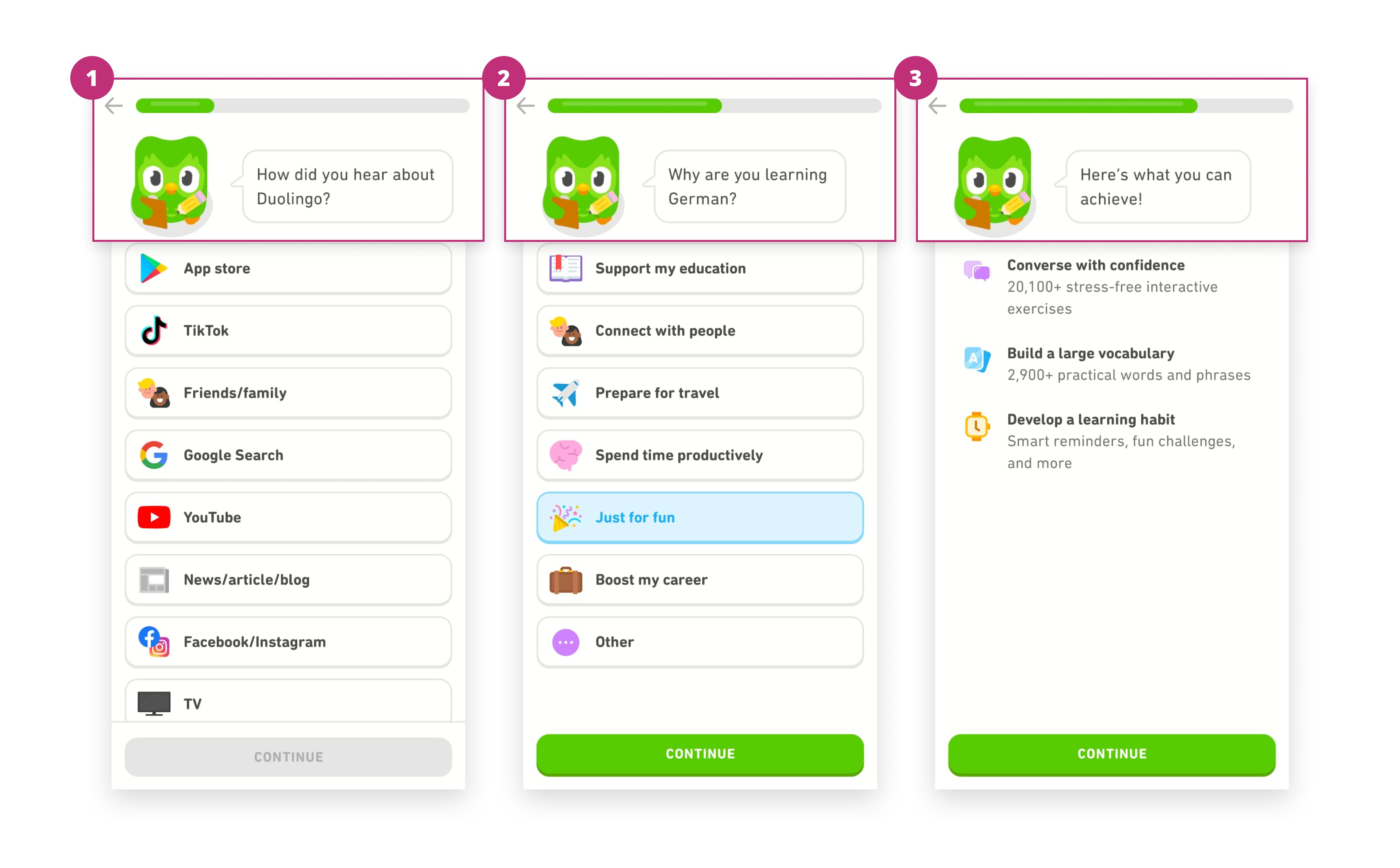 Onboarding Test Example with multiple screens. Source - Duo Lingo