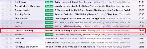 an example of a personalized email from LinkedIn Learning inside the inbox